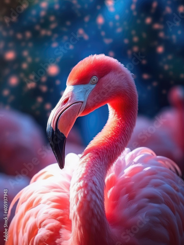 Pink flamingo close up portrait against blur background