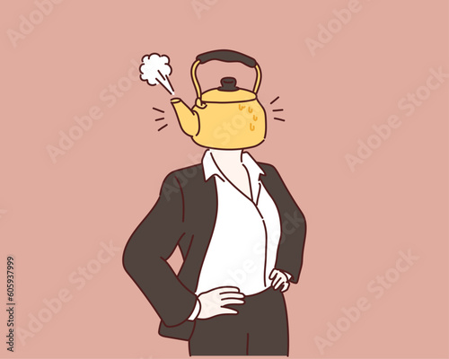 businesswoman with the kettle instead of a head with a steam pulled out from the lid. Hand drawn style vector design illustrations.