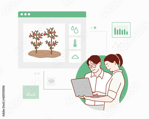 agronomist advising young farmers in apple orchard in harvest time. Hand drawn style vector design illustrations.