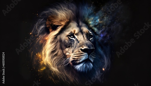 a lion head with a galaxy background