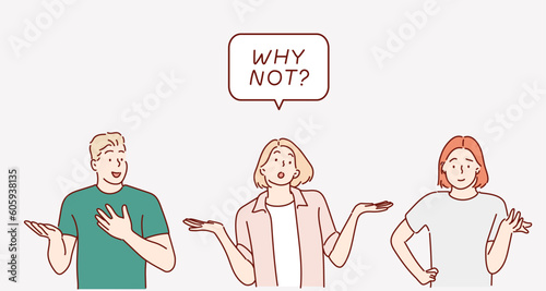 Why Not?people shrugging shoulders. Hand drawn style vector design illustrations.