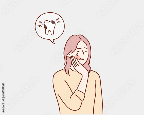 Woman having painful toothache. Hand drawn style vector design illustrations.