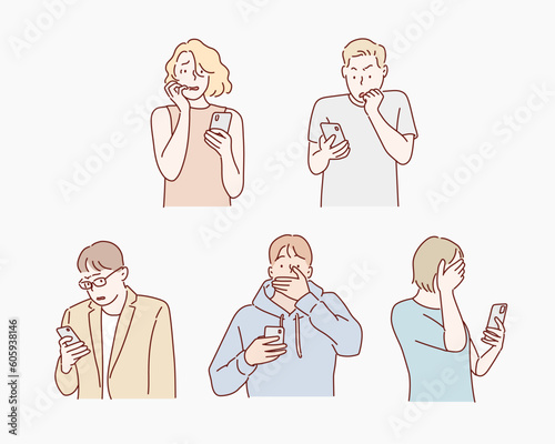 people looking in smartphone with scared face expression. Hand drawn style vector design illustrations.