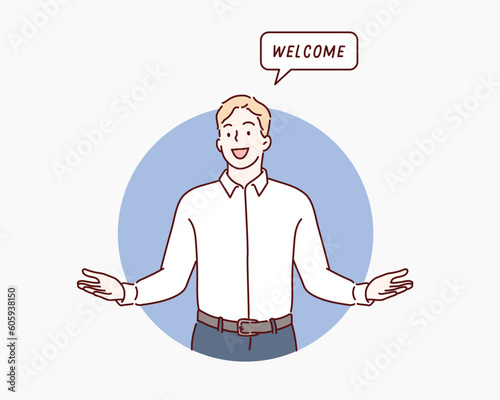 You are welcome! Cheerful business man gesturing welcome sign and smiling while standing against blue wall. Hand drawn style vector design illustrations.