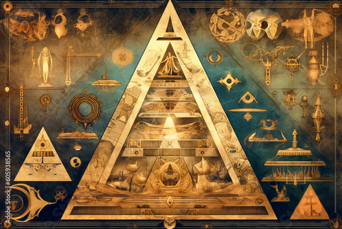 Book cover, background or illustration of a stylized pyramid surrounded by astrology, cabal or esoteric symbols. Created with Generative AI technology. photo