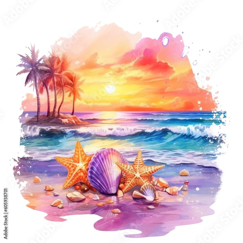 Colourful Watercolor Beach Sunset sublimation with Sea Shell for t shirt design. Generative AI