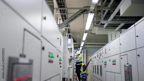 Professional electrical engineer in safety uniform working at factory server electric control panel room. Industrial technician worker maintenance checking power system at manufacturing plant room.