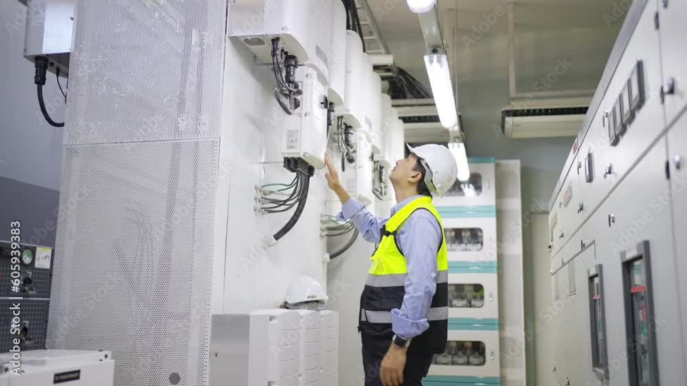 Professional Asian male engineer in safety uniform working at factory server electric control panel room. Industrial technician worker maintenance checking power system at manufacturing plant room. Professional Asian male engineer in safety uniform working at factory server electric control panel room. Industrial technician worker maintenance checking power system at manufacturing plant room.
