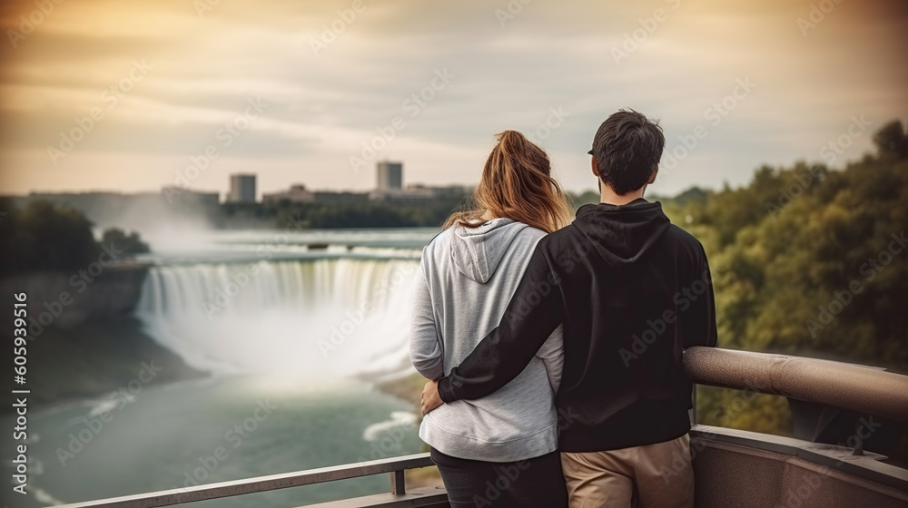 Happy tourist couple enjoying the view to Niagara Falls during romantic vacation. Generative AI