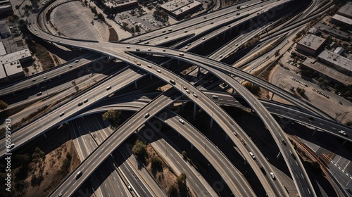 The aerial view provides a bird's-eye perspective of the bustling activity at a busy highway interchange in Los Angeles. Generated by AI.