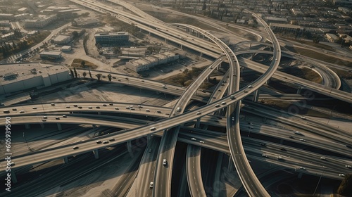 From high above, witness the controlled chaos of a busy highway interchange in Los Angeles, where multiple lanes of traffic converge and diverge. Generated by AI.
