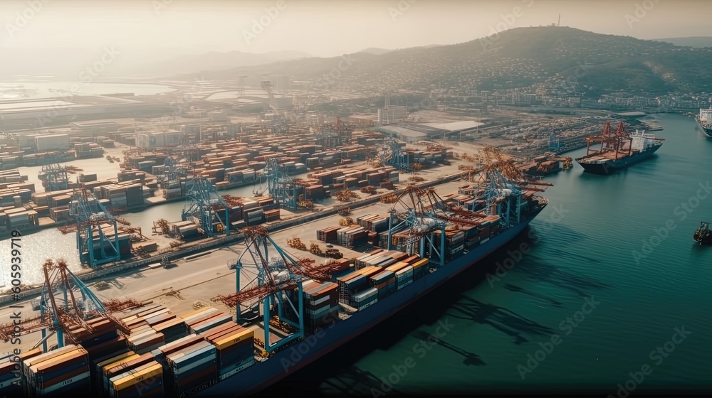 From a bird's-eye perspective, observe the bustling scene of a busy port with cargo ships elegantly maneuvering through the waterways. Generated by AI.