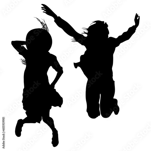 Women's silhouettes two girls jumped high, joy, jubilation. Black on white background photo