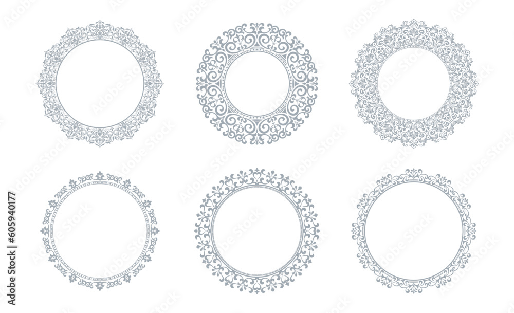 Set of decorative frames Elegant vector element for design in Eastern style, place for text. Floral gray and white borders. Lace illustration for invitations and greeting cards Set of decorative frames Elegant vector element for design in Eastern style, place for text. Floral gray and white borders. Lace illustration for invitations and greeting cards