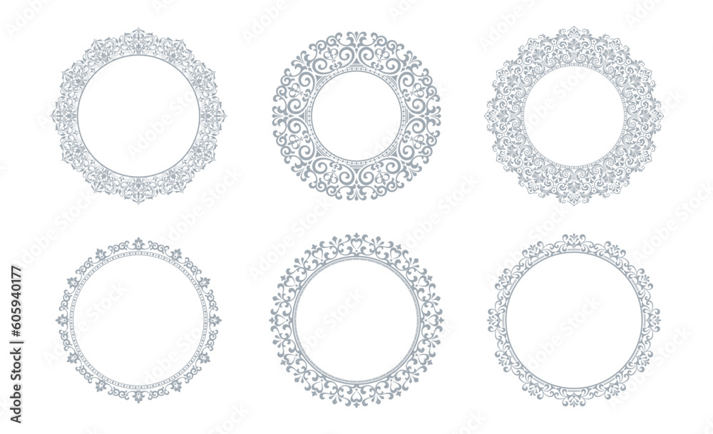 Set of decorative frames Elegant vector element for design in Eastern style, place for text. Floral gray and white borders. Lace illustration for invitations and greeting cards