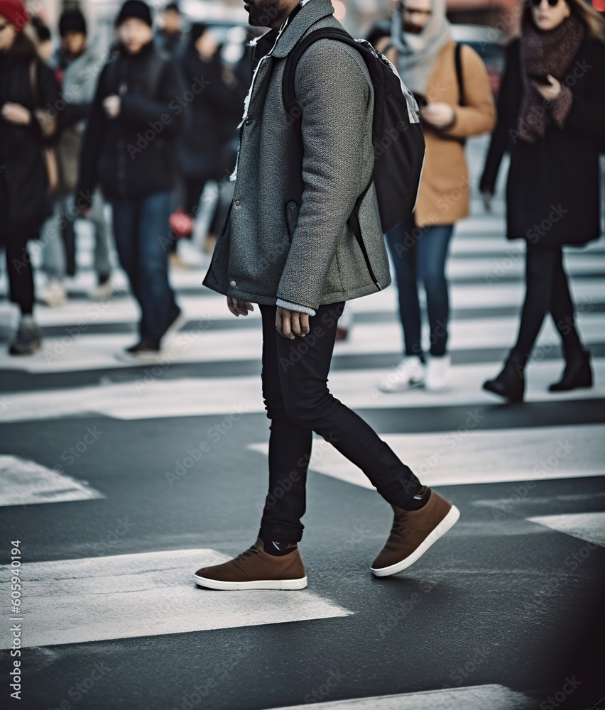 Man walking on crosswalk in the city street crowd at winter time. Generative AI Man walking on crosswalk in the city street crowd at winter time. Generative AI