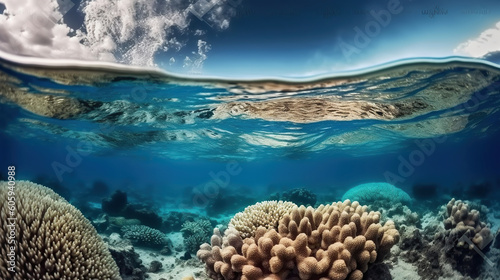 An underwater view of a coral reef with a cloud in sky and a blue sky in the background  with a small amount of water bubbles in the foreground. Generative AI