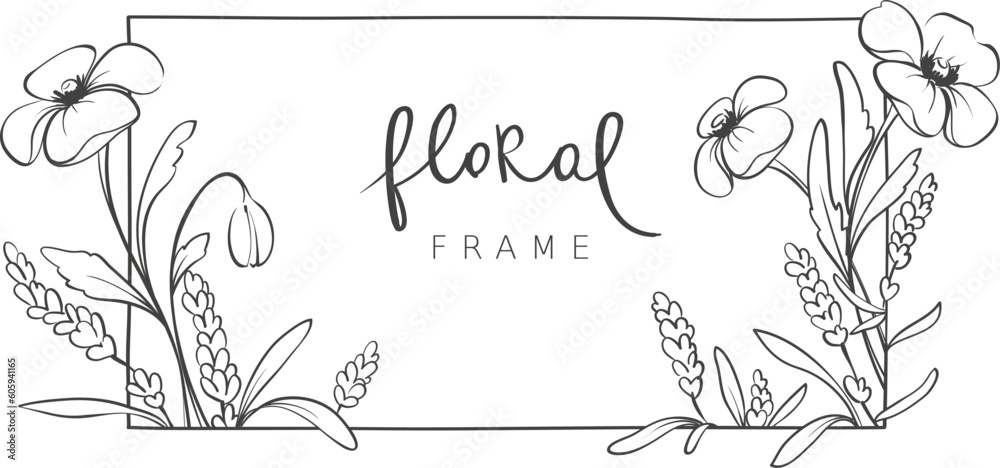 Frames from from poppy and lavender flower. Sketch in lines, freehand drawing. Vector illustration, summer flowers border.