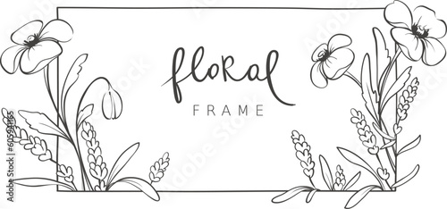 Frames from from poppy and lavender flower. Sketch in lines, freehand drawing. Vector illustration, summer flowers border.