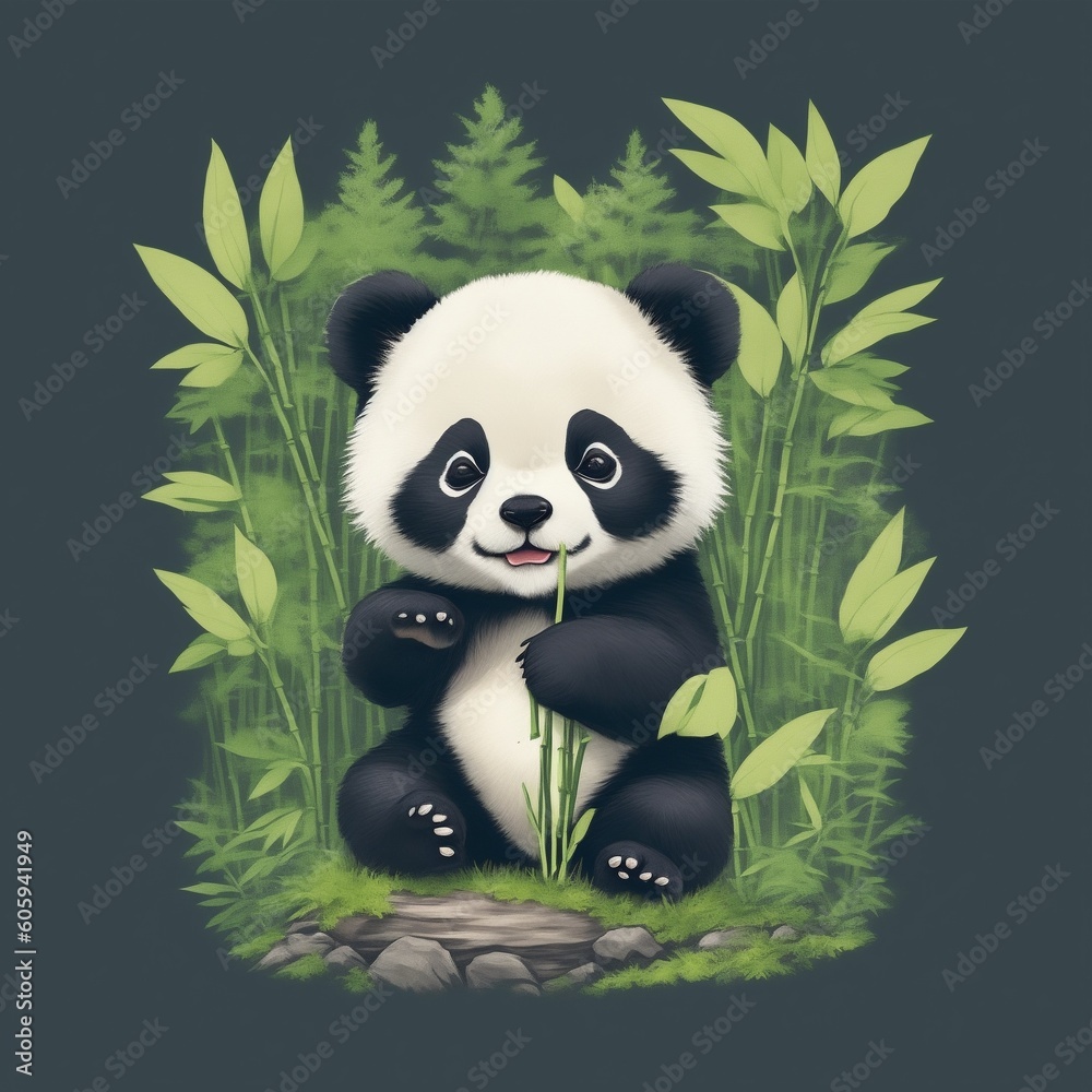 Cute tine panda bear eating bamboo, AI, drawing, t-shirt design Cute tine panda bear eating bamboo, AI, drawing, t-shirt design