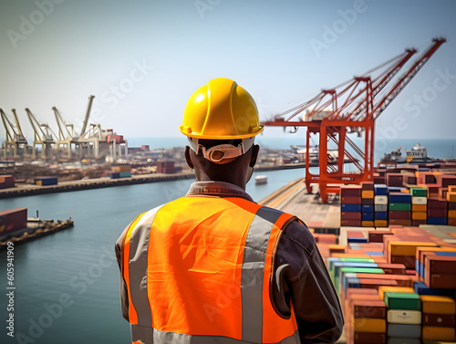 Generative Ai: a worker wearing safety jacket and helmet, look up the sea port.