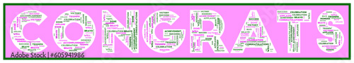 Pink congrats word cloud vector graphic. Filled with success and achievement words.