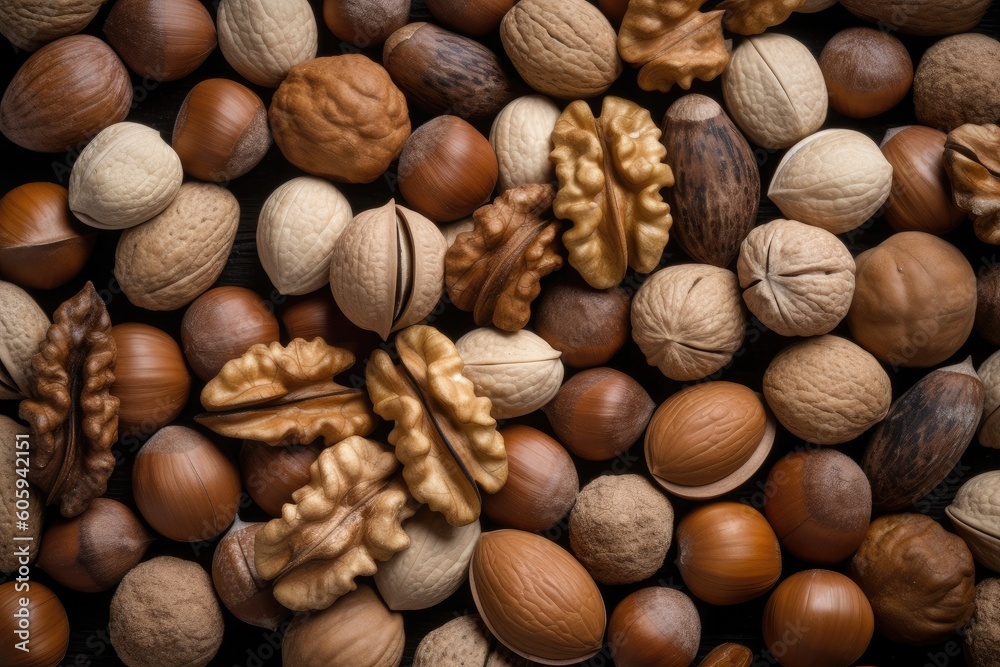 Background illustration of various natural fresh nuts. Generative AI Background illustration of various natural fresh nuts. Generative AI