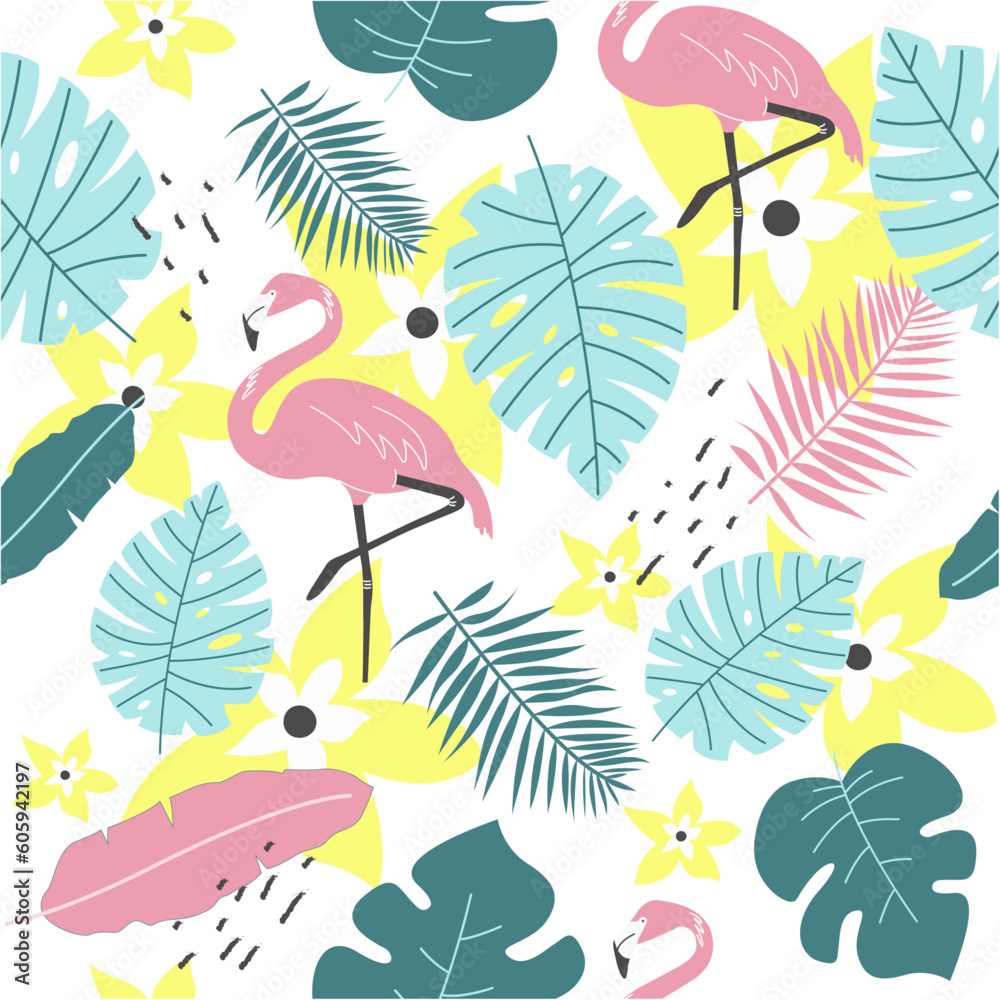 
Summer seamless pattern of flamingo and tropical leaves 
