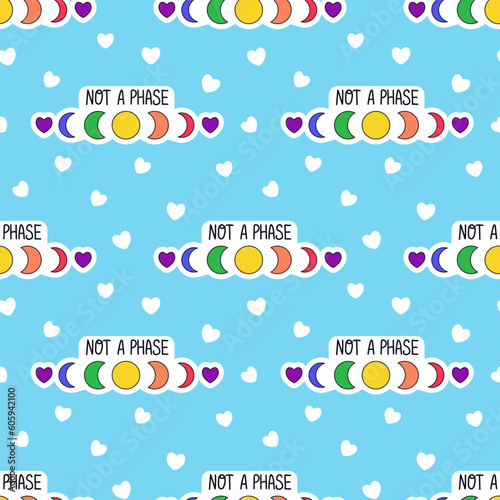 LGBTQ seamless pattern with rainbow symbols on blue background in flat vector style. Not a phase. LGBT pride community month