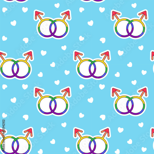 Seamless pattern LGBTQ gender symbols on blue background with hearts. LGBT pride community. Rainbow elements in flat vector style. Pride month