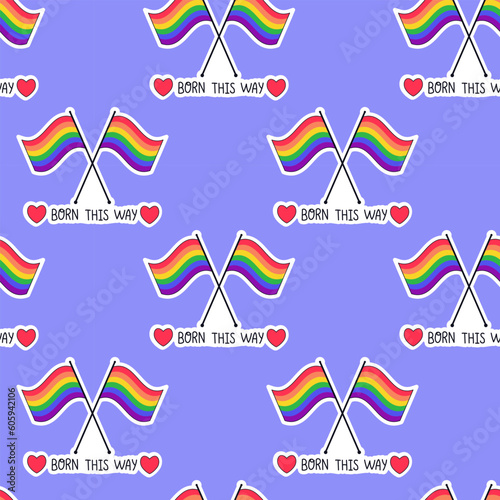 LGBTQ seamless pattern with rainbow flags on violet background in flat vector style. Born this way. LGBT pride community month