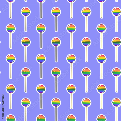 LGBTQ seamless pattern with rainbow lollipop on violet background in flat vector style. LGBT pride community month