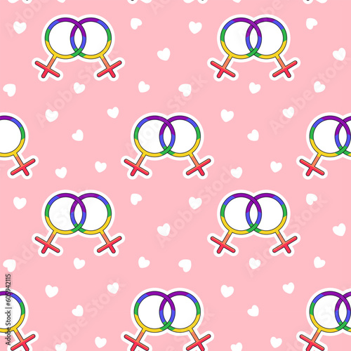 Seamless pattern LGBTQ gender symbols on pink background with hearts. LGBT pride community. Rainbow elements in flat vector style. Pride month