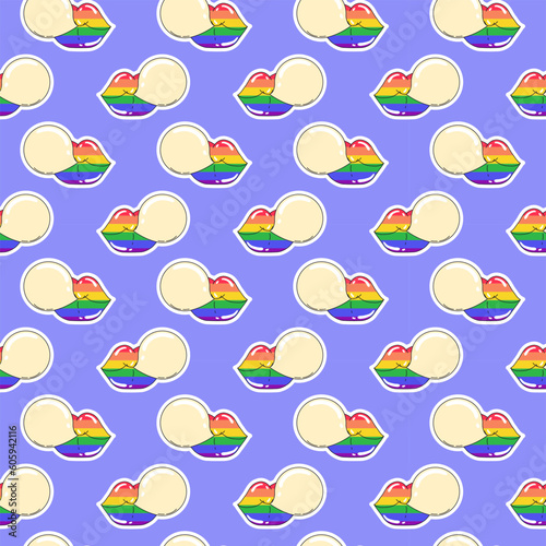 LGBTQ seamless pattern of lips and bubble gum on violet background in flat vector style. LGBT pride community month