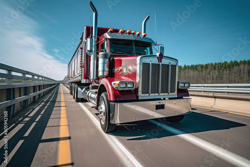 a semi truck driving down the road with trees in the background and blue sky above it, as seen from the driver's perspective. Generative Ai