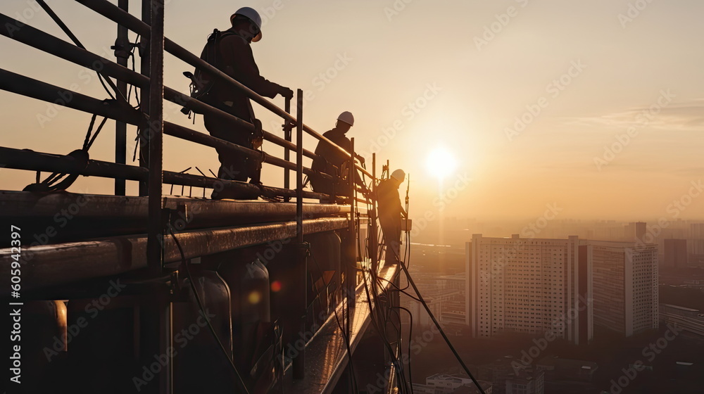 workers working at heights on buildings - obrazy, fototapety, plakaty 