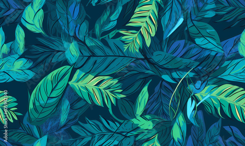 High-Quality Drawing of a Repetitive Seamless Pattern with Tropical Green, Blue, Aquamarine, and Turquoise Leaves , Created by Generative AI 