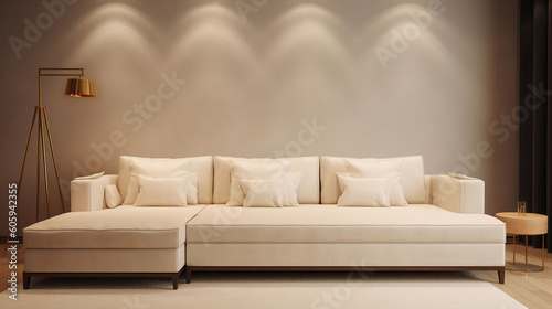 A lightly textured beige wall, paired harmoniously with indoor lighting and a white American - style sofa, creates a warm and modern atmosphere. Generative AI © Lifia