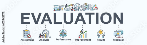 Evaluation banner web icon vector for assessment system of business and organization standard with analysis  performance  plan  improvement  results  and feedback. Minimal header infographic.