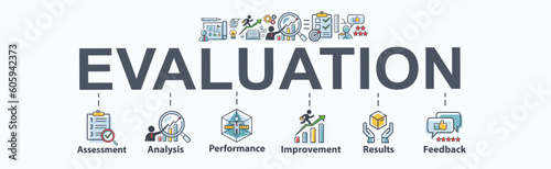 Evaluation banner web icon vector for assessment system of business and organization standard with analysis, performance, plan, improvement, results, and feedback. Minimal header infographic.