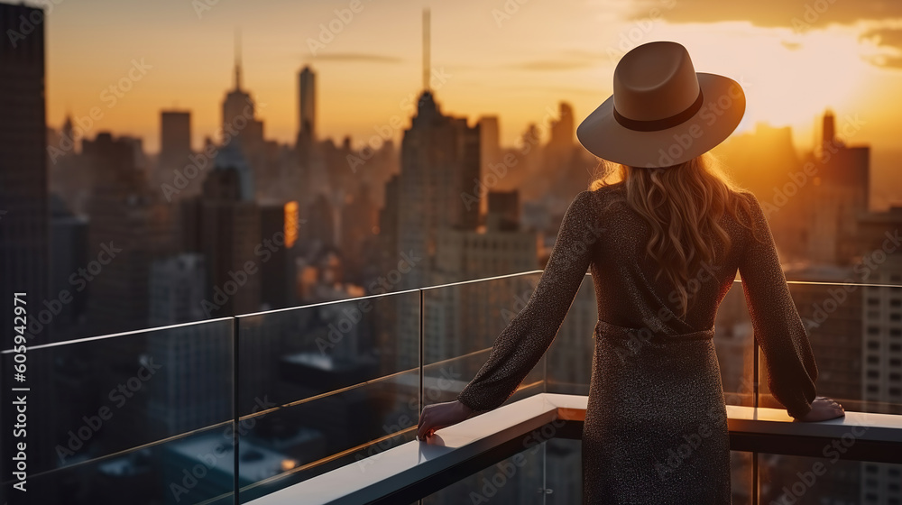 Rich woman enjoying the sunset standing on the balcony at luxury apartments. Luxury life concept. Successful business woman relaxing. Generative AI