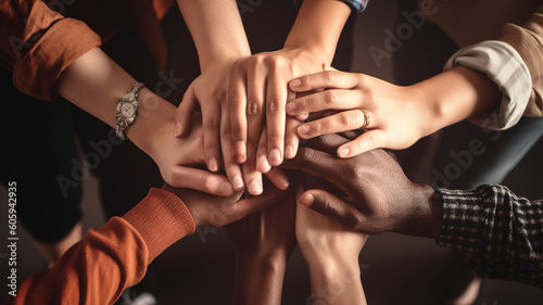 Hands of diverse people connected. The power of voluntary charity work  Stacks of people s hands