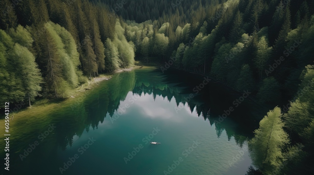 Experience the awe-inspiring beauty of nature with mesmerizing drone footage of a serene lake nestled in the midst of a verdant forest. Generated by AI.