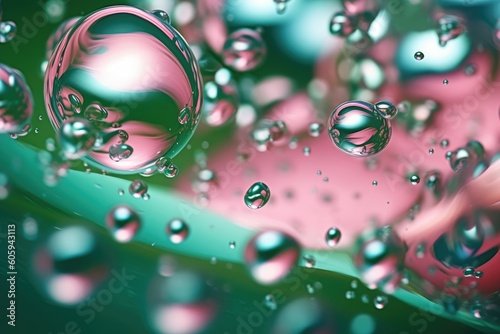Beautiful background of abstract water bubbles with green and blue backgrounds  in the style of light pink. Generative AI