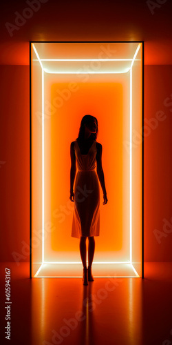 Radiant Beauty Emerges: A Stylish Woman in an Illuminated Glass Urn with Orange Neon Lights. Generative Ai