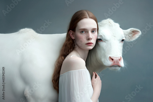 Radiant Caucasian Redhead Embracing a Beautiful White Cow. Generative Ai