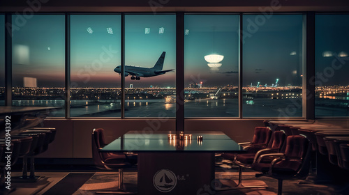 Nightfall Escapades, Airport Lounge and Takeoff amidst City Lights. Generative AI