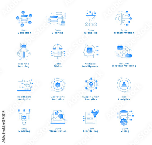 Data Processing Icons - A Set of High-Quality Icons for Data Processing like Data Collection, Cleaning, Wrangling, Transformation, Modeling, Ethics, Storytelling, Mining, and more.