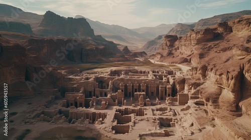 Embark on a virtual journey to the captivating Petra ruins in Jordan, as mesmerizing drone footage takes you through the iconic Treasury. Generated by AI.