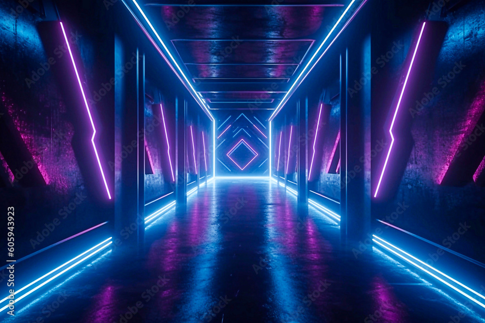 Futuristic room with neon laser lines background illustration in cyberpunk style. Generative AI